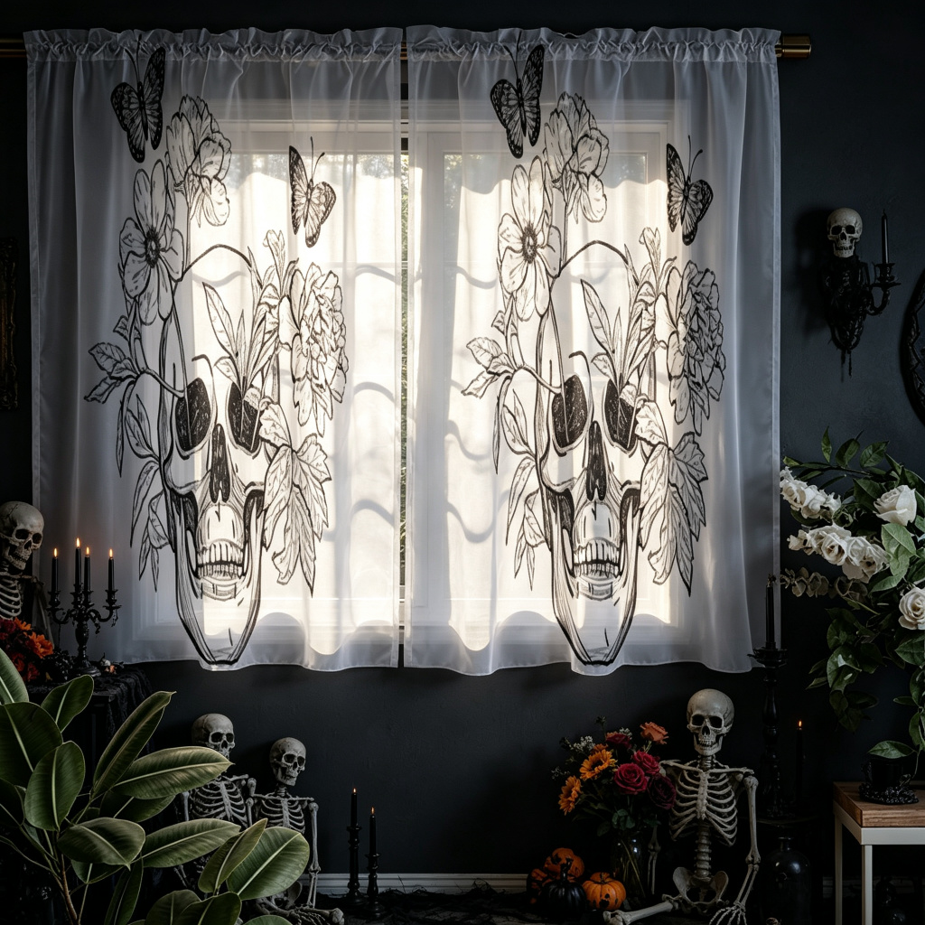 Curtain Rods - 2PCS Skull Floral Print AB Sheer